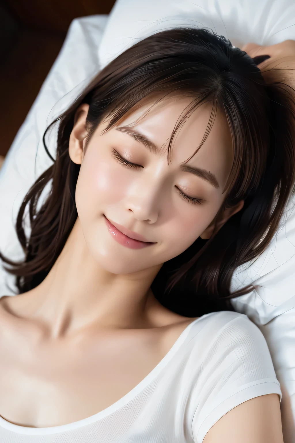 Beautiful  lying in bed, , (Highest quality:1.4), (Very detailed), (Very detailed美しい顔), (Close ~ eyes:1.5), White T-shirt, Great face and eyes, iris, Medium Hair, The Beauty of Japan, (Skinny body type:1.3), (Flat Chest:1.3), (smile), Smooth, Very detailed CG synthesis 8k wallpaper, High-resolution RAW color photos, Professional photography, Light, BackLight, dream-like, impressive, Written boundary depth, Bedroom, (Face close-up:1.3), (Shot from above:1.5)