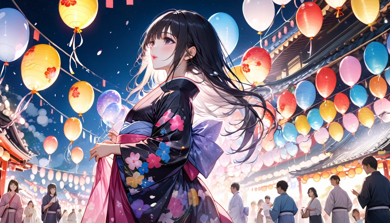 Panorama, Low - Angle,One woman, Japanese Festivals, Black Hair、Long Hair (Girl, Beauty, Moisture in Every Detail), (Glossy pink lip), Wearing a very beautiful yukata with double exposure morning glories) break, Night summer festival dance event, Many small prayer paper balloons in the background, break, There are no people in the background, Perfect Anatomy, masterpiece, Highest quality, 16K, Beautiful details night, Utopian performance.arms behind back