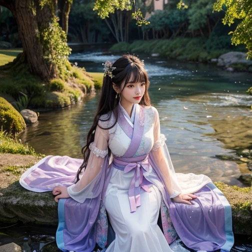 best quality, Delicate face，beautiful visual work, lifelike, eternity, black hair, Long curly hair, blunt bangs, Smile, Detailed Background, Delicate face，blush，cold，((masterpiece))、(top quality)、8k、high detail、Super detailed，21 years old female，Wearing Tang Dynasty Hanfu、waist skirt, Clothes are light and fluffy，Hanfu, wide sleeves, Transparent sleeves, Tunic, Clothes made of chiffon, Seductive and whimsical style、masterpiece、born、Scenes resembling fairy tale illustrations、Intricate details and complex designs、Beautifully、magic、capricious、 Beautifully、Dream aesthetics、「𝓡𝓸𝓶𝓪𝓷𝓽𝓲𝓬、ethereal、charming、fickle、magic」、Realism、Visual effects、FXAA、SSAO、Shaders、voiceless、ambient lighting、Tone mapping、High resolution、Ultra high quality、Million pixels、(8K resolution:1.10)、8k、Below 8K、8K resolution、high detail、intricate details， (high quality:1.2、masterpiece:1.2、:1.21)、(21 years old female:1.21)、(Smile excitedly)、(Surrounded by a dream-like atmosphere、Model diagram，full-body shot，Normal 2 feet，Put your hands behind you，The protrusion of the breast is visible when wearing clothes, Large Breasts, H cup chest, antiquity, Xian Xia, gauze clothes, Soft and fluttering, Fairy, dream, fantasy, light, elegant, nature, Immortal, romantic, classical, ribbon, light purple clothes, By the stream