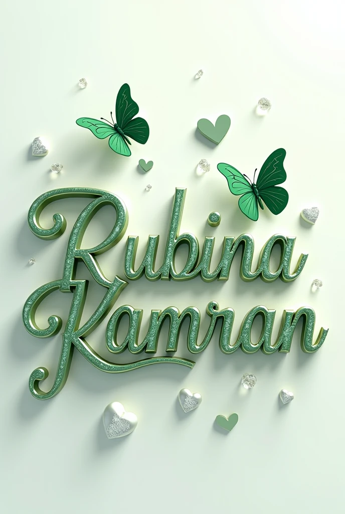 A mesmerizing 3D anime-inspired artwork set against a pristine white background, masterfully capturing the essence of love and appreciation for "Rubina Kamran " The refined name is written in elegant swirling typography, adorned with green and diamonds in green and white, highlighting the first letter and exuding luxury and sophistication. A captivating metallic green and white color Pakistani flag symbolizing freedom and elegance is prominently displayed. Surrounding the name are two metallic green butterflies, creating a serene and enchanting atmosphere. Scattered throughout the design are white and green hearts, interspersed with diamonds, adding a romantic and visually stunning touch to this cinematic, vibrant, and visually stunning 3D render illustration, typography, and poster., 3d render, vibrant, poster, anime, typography, cinematic, illustration