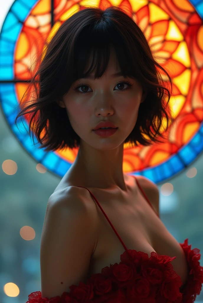 (masterpiece, Highest quality), 8k,(((Very detailed))), Race:1.8,Super intricate Race pattern,colorful Race pattern,Stained glass background transparent body, Mandala,light up,cold, 1 female,Open Back, 18 years old、Japanese, Photo of Lee Jae, tumbler, sultry body with セクシー belly, Sexy girl, Young sensual elegance, Sexy body, smile, Sexy look, Very Short Hair、Night viewの眺めが綺麗なホテルで撮影、Night view、 Intelligent face、Narrow waist、Large Breasts、drool coming out of the mouth、少しsmile、EOS 50mm F2, Blur the background、Photographed from the front、Lighting the face、smile、