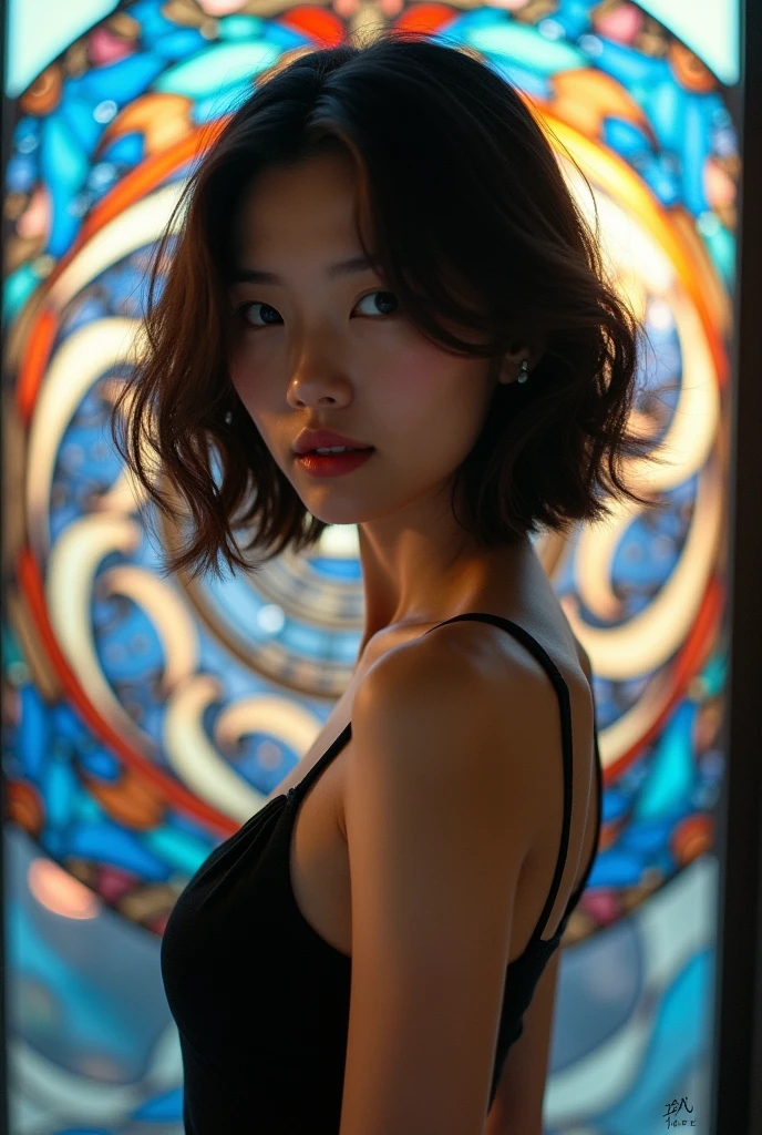 (masterpiece, Highest quality), 8k,(((Very detailed))), Race:1.8,Super intricate Race pattern,colorful Race pattern,Stained glass background transparent body, Mandala,light up,cold, 1 female,Open Back, 18 years old、Japanese, Photo of Lee Jae, tumbler, sultry body with セクシー belly, Sexy girl, Young sensual elegance, Sexy body, smile, Sexy look, Very Short Hair、Night viewの眺めが綺麗なホテルで撮影、Night view、 Intelligent face、Narrow waist、Large Breasts、drool coming out of the mouth、少しsmile、EOS 50mm F2, Blur the background、Photographed from the front、Lighting the face、smile、