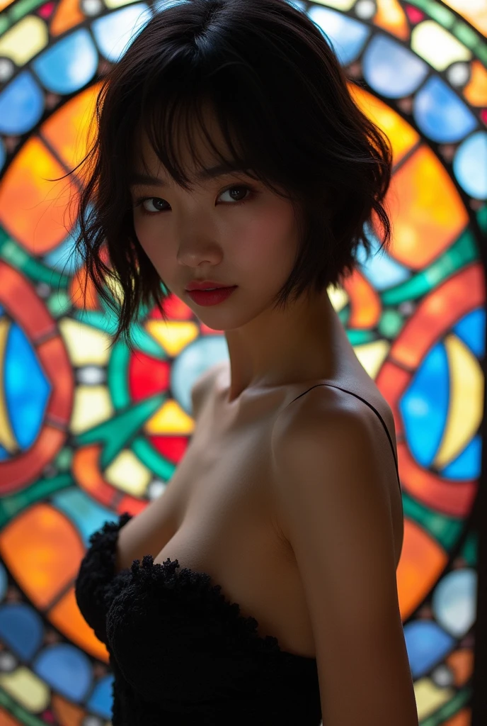 (masterpiece, Highest quality), 8k,(((Very detailed))), Race:1.8,Super intricate Race pattern,colorful Race pattern,Stained glass background transparent body, Mandala,light up,cold, 1 female,Open Back, 18 years old、Japanese, Photo of Lee Jae, tumbler, sultry body with セクシー belly, Sexy girl, Young sensual elegance, Sexy body, smile, Sexy look, Very Short Hair、Night viewの眺めが綺麗なホテルで撮影、Night view、 Intelligent face、Narrow waist、Large Breasts、drool coming out of the mouth、少しsmile、EOS 50ｍｍ F2, Blur the background、Photographed from the front、Lighting the face、smile、