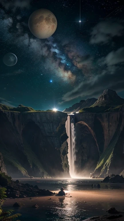 Fantasy、Different world、starry skies、Three moons、Two Saturns、shooting star、milky way、colorful clouds、Different world、The ocean spreads out、Big waterfall、A waterfall flows from a floating island in the sky。、Vast views、Wide-angle lens、Composition looking down from a high hill. Realistic blurry background. 4K Full HD 60 FPS、Realistic Lighting