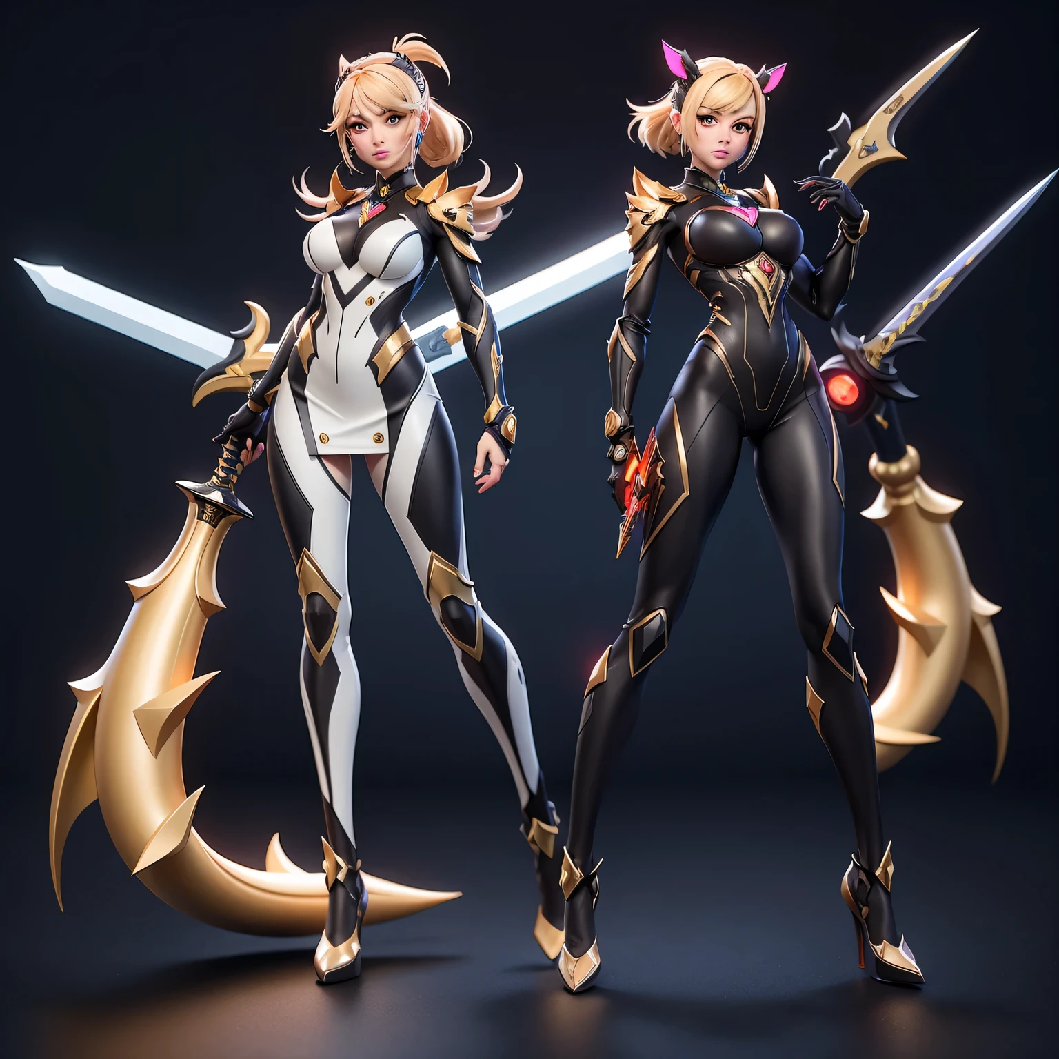 Mini Dragon,  alone, Ray Tracing, Estilo 3D, 3DMM, (3 poses per photo), whole body, (Bodysuit swing),(Dark dress), Overall view,((3 poses per photo)), Overall view, Hearts of the Kingdom-style clothing,((3 poses for each photo)), Overall view, Metroid, ((With a futuristic sword)),Ultra-Realistic Skin, (Big Breasts)、1 person