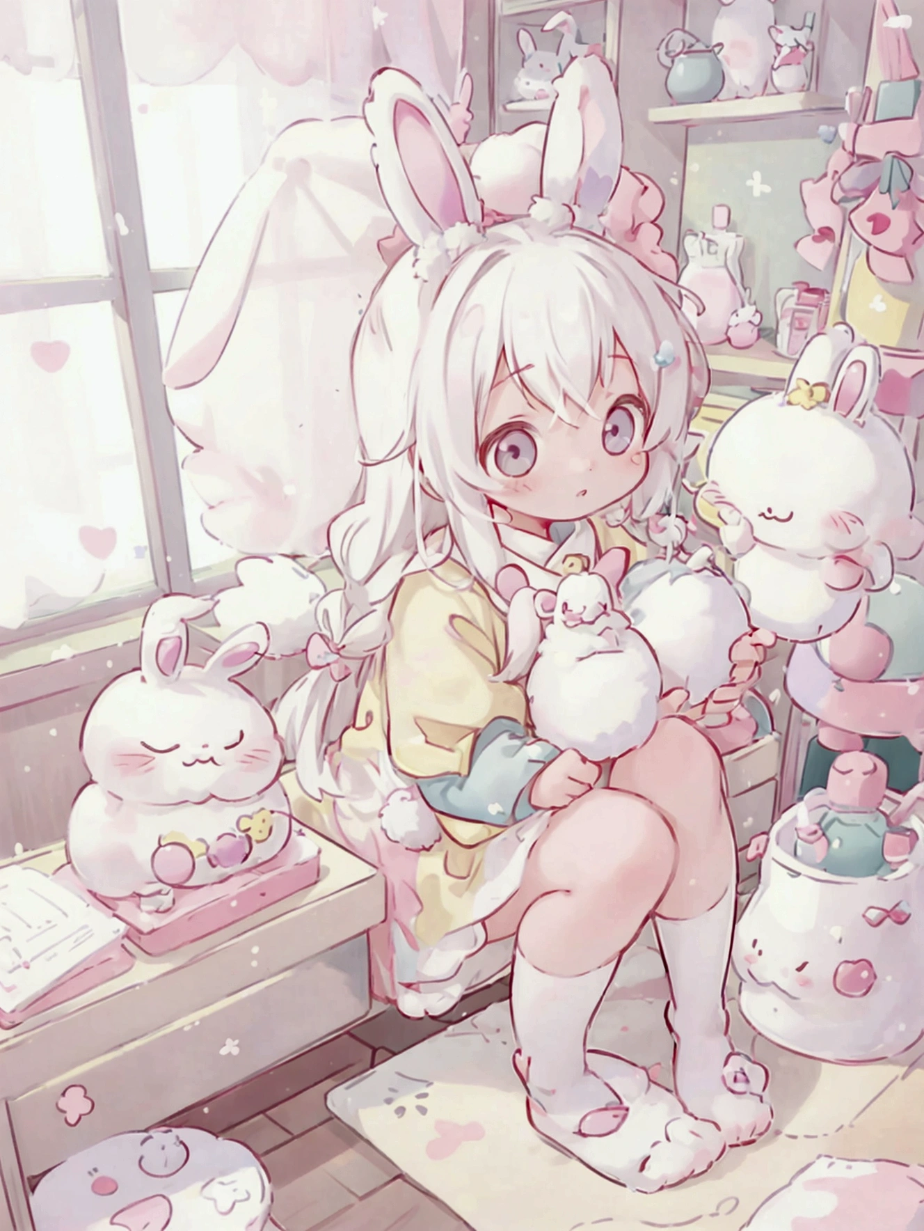 1 girl, kemono, rabbit ears, white hair, innocent appearance, feminine charm, domestic environment