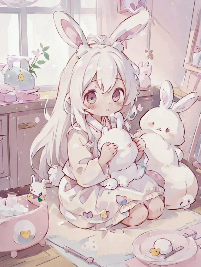 1 girl, kemono, rabbit ears, white hair, innocent appearance, feminine charm, domestic environment
