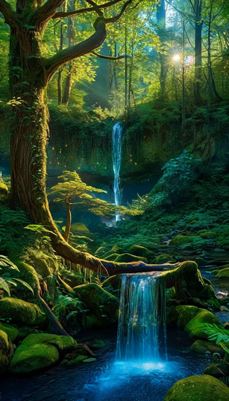 enchanted forest at twilight, ethereal light filtering through ancient towering trees, vividly detailed lush undergrowth, mystical creatures lurking in the shadows, sparkling fairy lights weaving through the foliage, a crystal-clear stream with water so pure it glows, cascading waterfall in the background with magical properties, fantasy wildlife drinking at the water's edge, highly detailed, photorealistic textures on every surface, soft diffused lighting creating a serene atmosphere, high dynamic range, ultra HD 8K resolution, depth of field emphasizing the magical focus points, art by Thomas Kinkade and Roger Dean, immersive, otherworldly beauty captured in cinematic quality, 32K UHD 