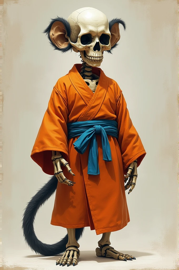 A skeleton monk, he is a child with a monkey tail, all made of bones and wearing a kind of orange kimono with blue sashes