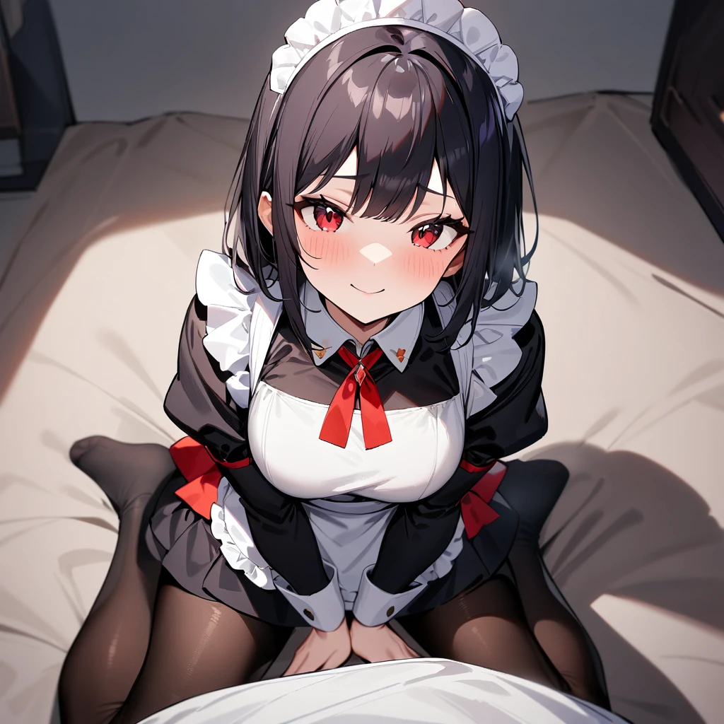 1girl,Solo,smile,blackhair,red eyes,purple and red,Maid,black skirt,black Shiny pantyhose,Large sleeves,masterpiece, best quality, very aesthetic, absurdres,pov Crotch,hands Between legs