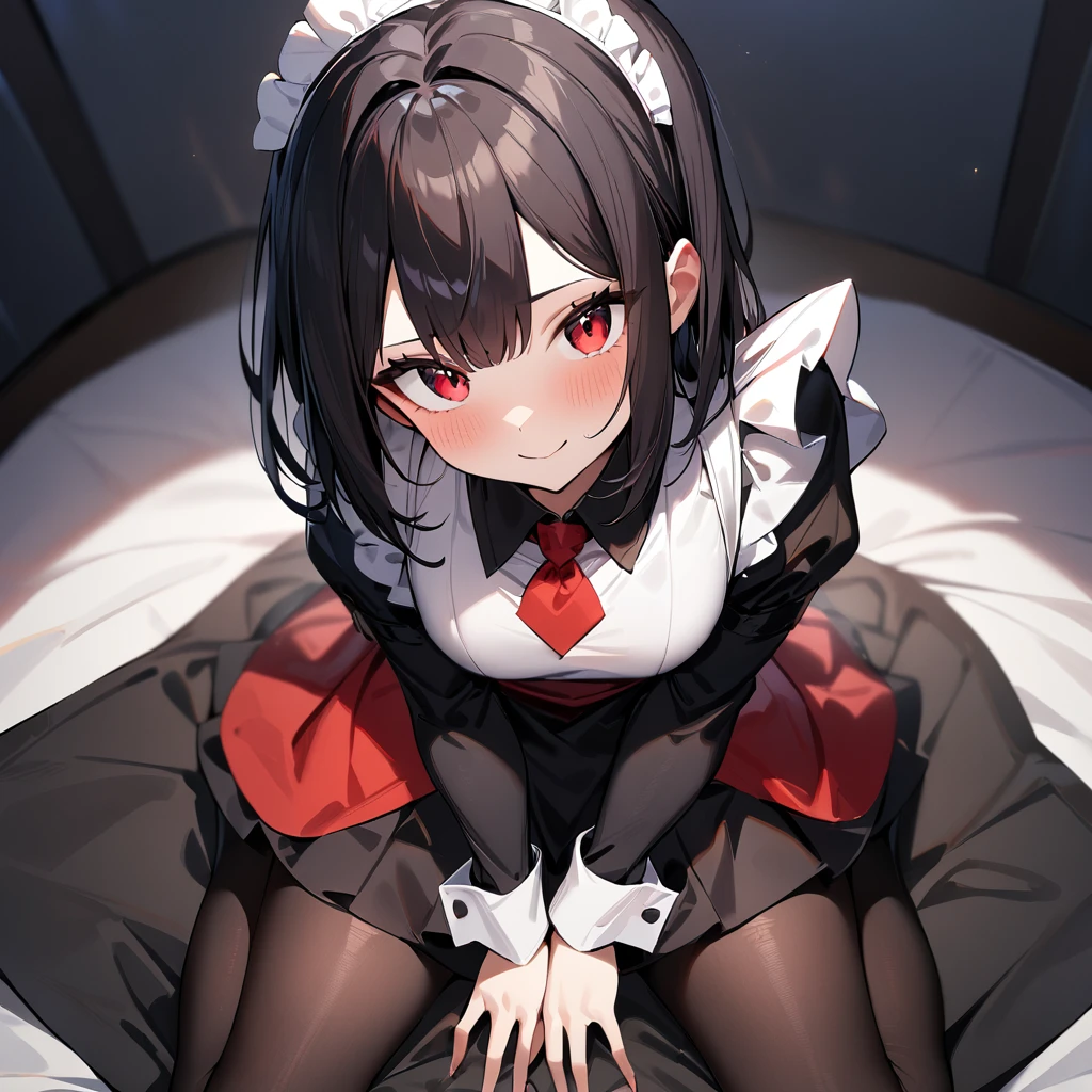 masterpiece, best quality, ultra-detailed, 1girl, 13 years old, maid, small breast, black hair, short hair, red ribbon, red eyes, cat ears, embarrassed, looking at viewer, solo focus, on back, on bed