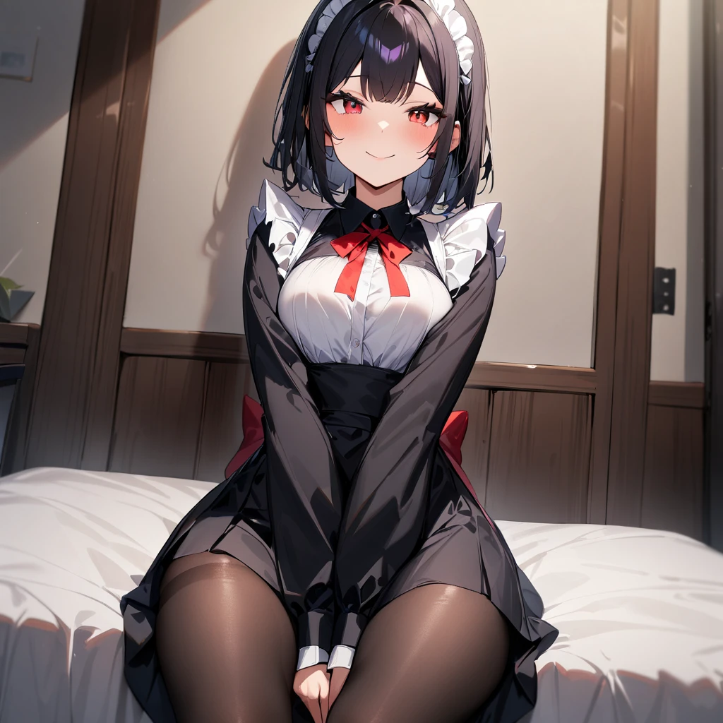 1girl,Solo,smile,blackhair,red eyes,purple and red,Maid,black skirt,black Shiny pantyhose,Large sleeves,masterpiece, best quality, very aesthetic, absurdres,pov Crotch,hands Between legs