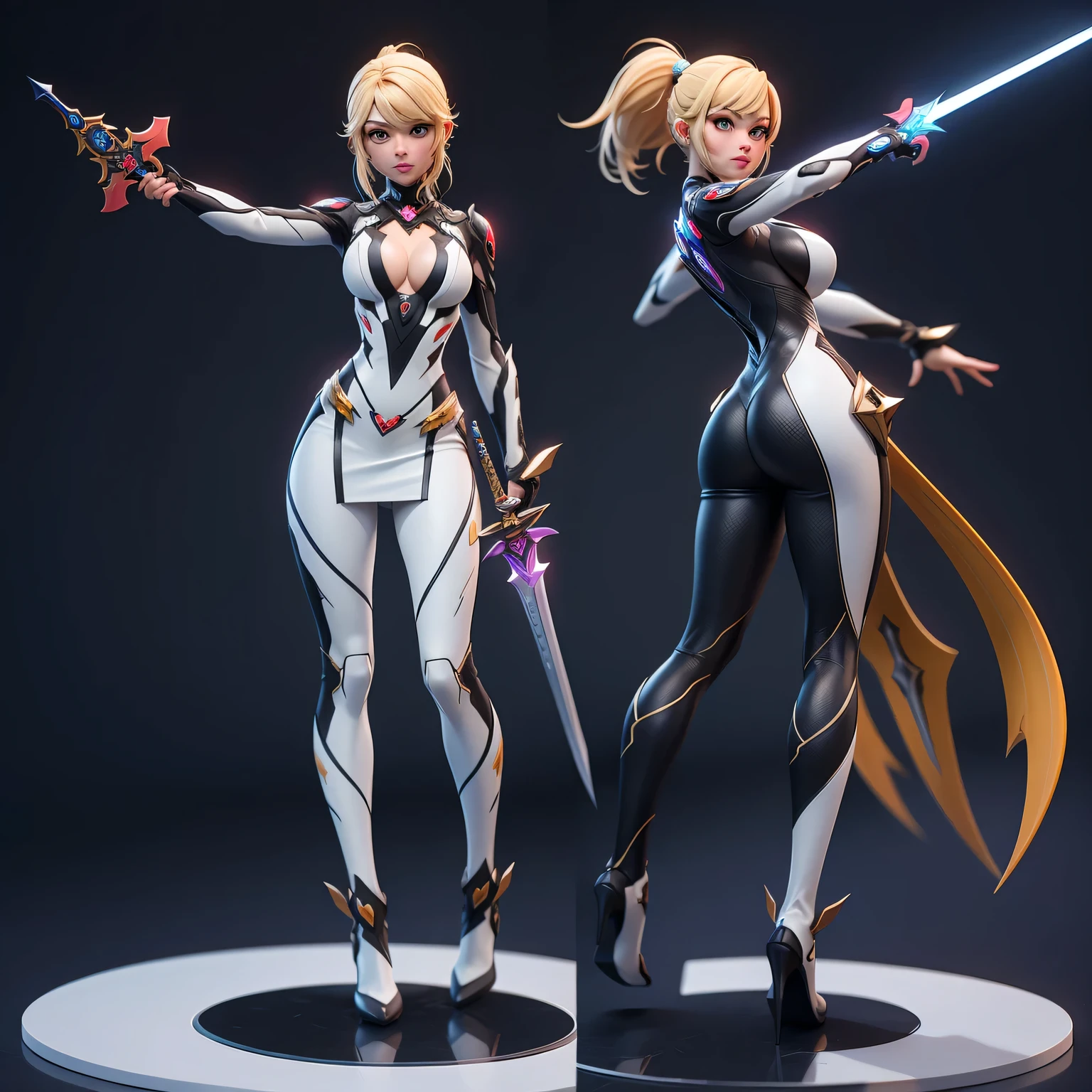 mini dragon, Alone, Ray Tracing, Estilo 3D, 3dmm, (3 poses per photo), full body, (bodysuit branco),(dark dress), over all view,((3 poses per photo)), over all view, Hearts of the Kingdom style clothes,((3 poses in each photo)), over all view, metroid, ((with futuristic sword)),ultra-realistic skin, (big tits)