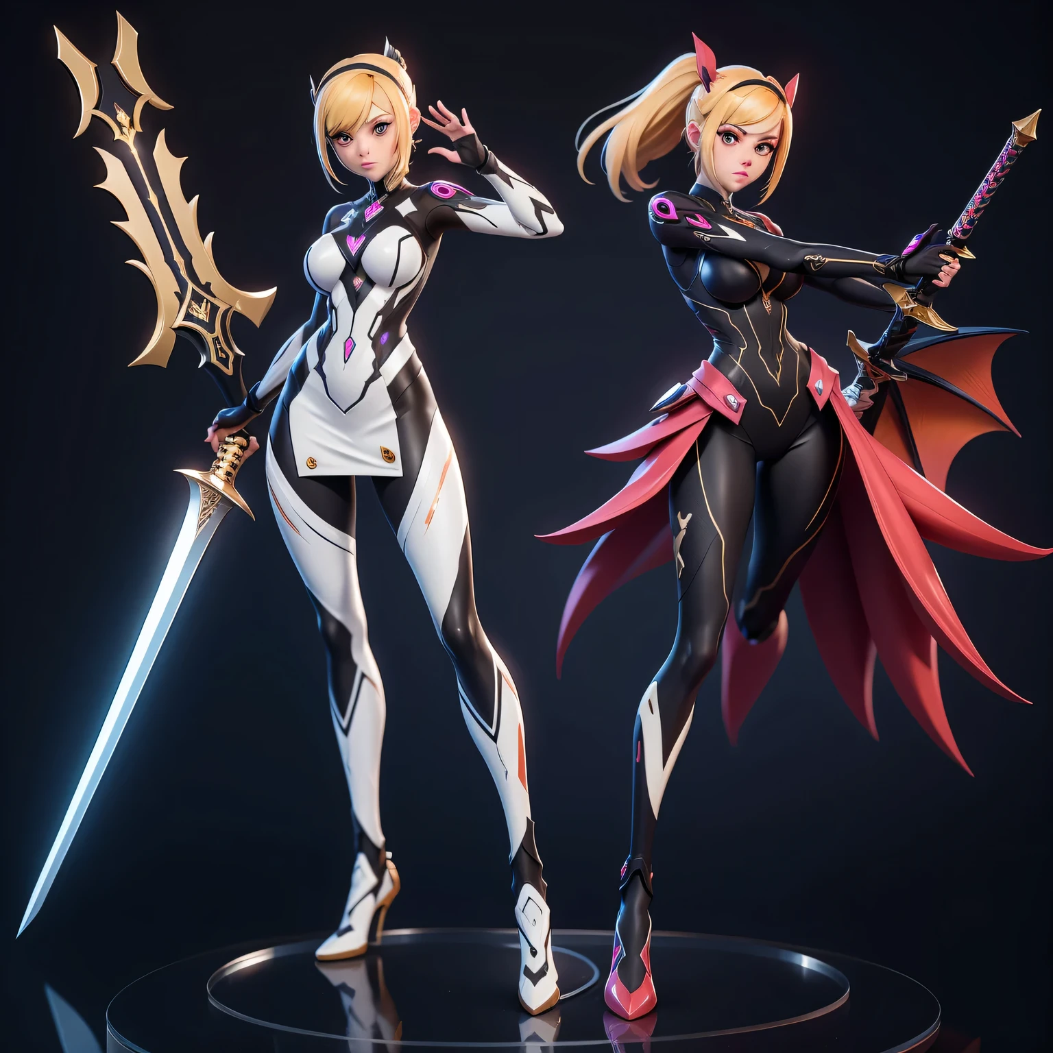 mini dragon, Alone, Ray Tracing, Estilo 3D, 3dmm, (3 poses per photo), full body, (bodysuit branco),(dark dress), over all view,((3 poses per photo)), over all view, Hearts of the Kingdom style clothes,((3 poses in each photo)), over all view, metroid, ((with futuristic sword)),ultra-realistic skin, (big tits)