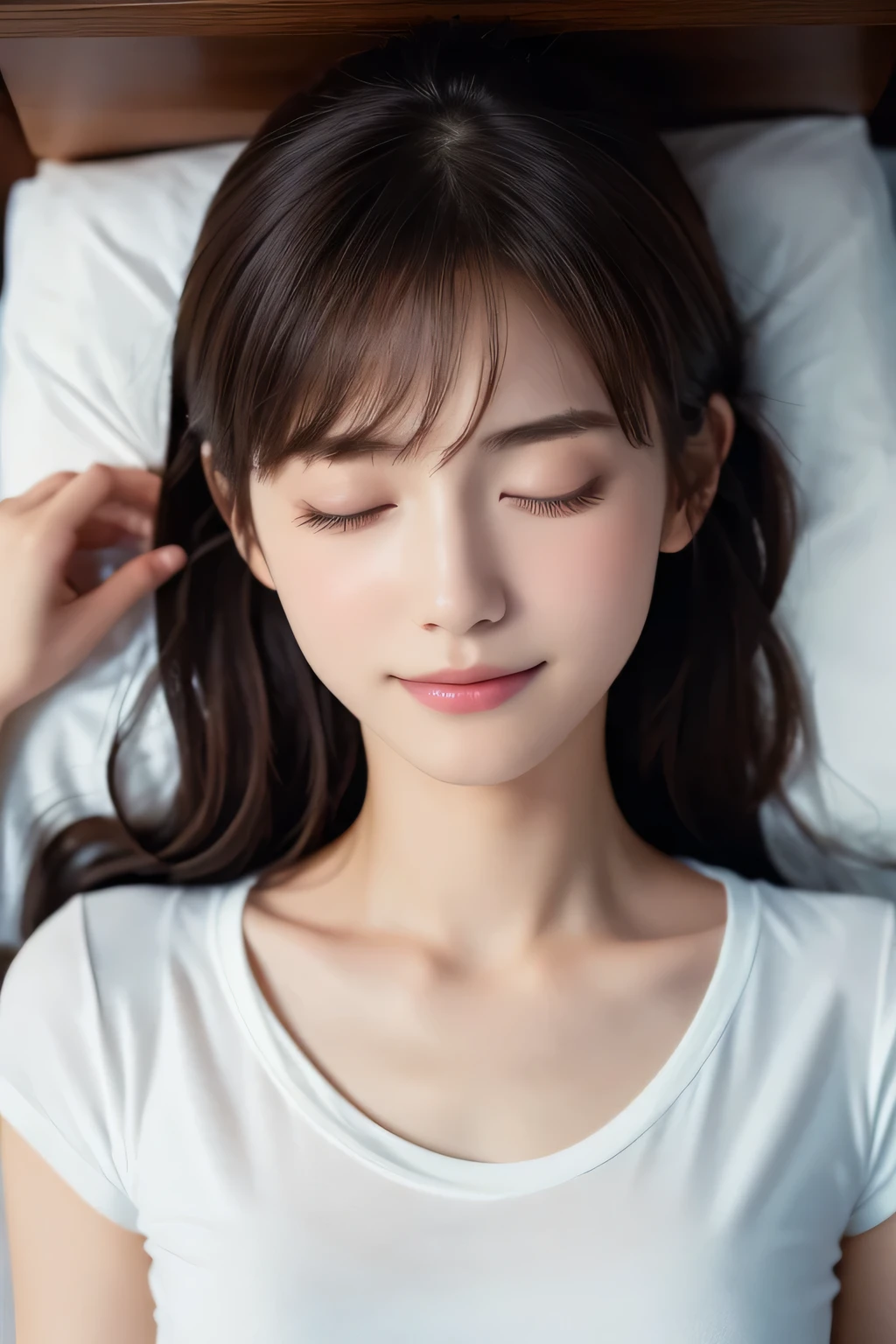 Beautiful girl sleeping peacefully, ************, (Highest quality:1.4), (Very detailed), (Very detailed美しい顔), (Close ~ eyes:1.5), White T-shirt, Great face and eyes, iris, Medium Hair, The Beauty of Japan, (Skinny body type:1.3), (Flat Chest:1.3), (smile), Smooth, Very detailed CG synthesis 8k wallpaper, High-resolution RAW color photos, Professional photography, Light, BackLight, dream-like, impressive, Written boundary depth, Bedroom, (Face close-up:1.3), (Shot from above:1.5)