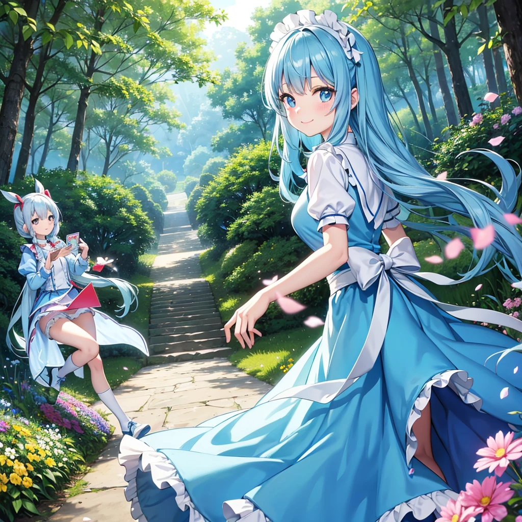 Alice in Wonderland、Light blue long hair、Beautiful girl with twin tails、smile、Running through a bright forest with cards flying、There are lots of colorful flowers at my feet