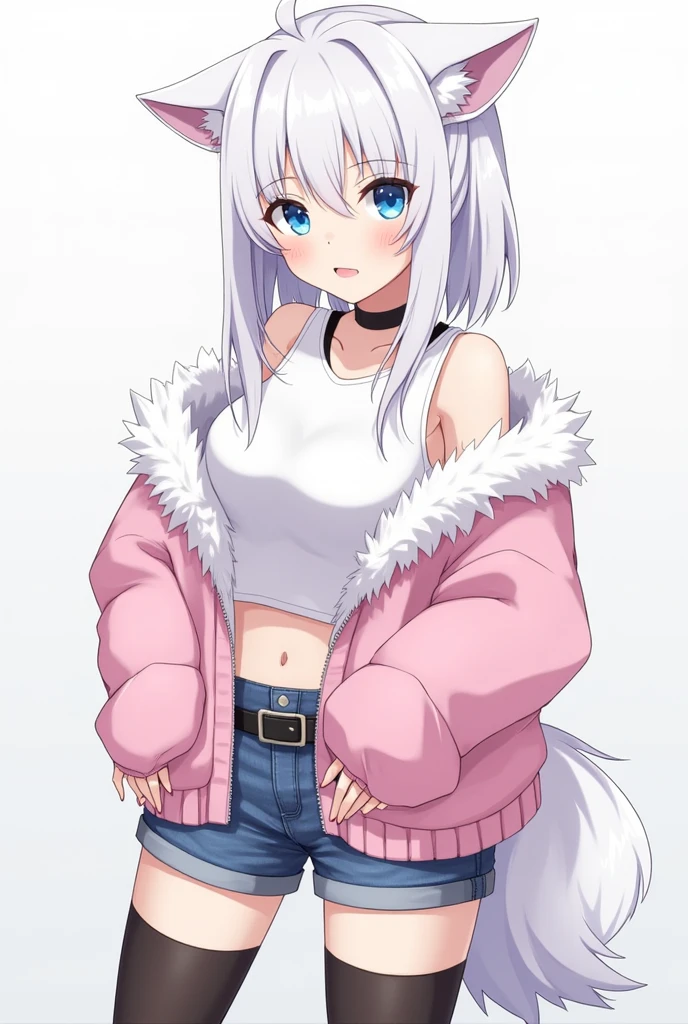 ingle boy, Anime Femboy, Short, Long white hair, wolf ears, wolf tail, blue eyes, wearing short denim shorts, wearing combat boots, wearing thigh high fishnets, wearing fur lined open pink jacket, flat chest, super flat chest, wearing cropped t-shirt, solo femboy, only one femboy ((FLAT CHEST)) solo, alone, (SOLO)(ALONE) thicc thighs, wide hips, blue eyes, perfect eyes, perfect face, pouty lips, happy, curvy, sparkly blue eyes,