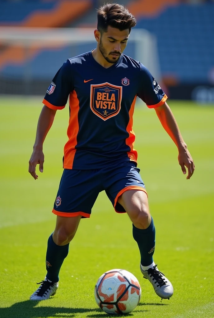 Custom soccer uniform in dark blue primary color ,orange secondary color and black shorts with a shield on the chest that says bela vista 