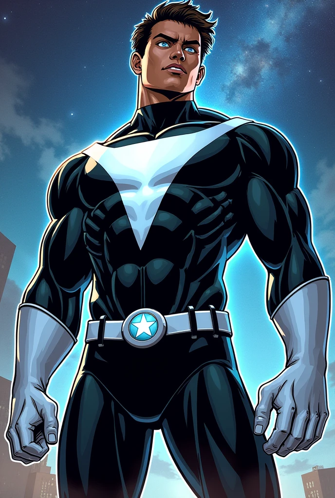 Marcs The Guardian of the Cosmos a comic book style hero character with a comic style face, brown color, dark brown hair, blue eyes, strong body shape with a black superhero uniform with a white emblem, cosmic design with white gloves, modern waistband.