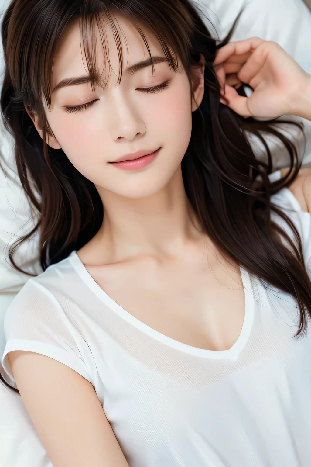 Beautiful girl sleeping peacefully, , (Highest quality:1.4), (Very detailed), (Very detailed美しい顔), (Close ~ eyes:1.5), White T-shirt, Great face and eyes, iris, Medium Hair, The Beauty of Japan, (Skinny body type:1.3), (Flat Chest:1.3), (smile), Smooth, Very detailed CG synthesis 8k wallpaper, High-resolution RAW color photos, Professional photography, Light, BackLight, dream-like, impressive, Written boundary depth, Bedroom, (Face close-up:1.3), (Shot from above:1.5)