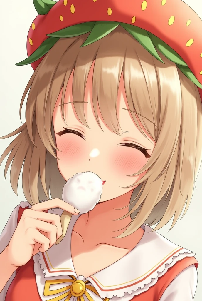 Female character with short hair with bangs, light brown hair color, closed eyes and a strawberry eating hat and yellowish skin