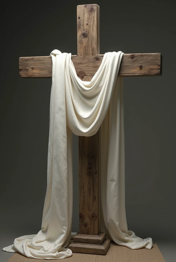 Create a realistic cross for me, with a white cloth symbol of Jesus Christ 
