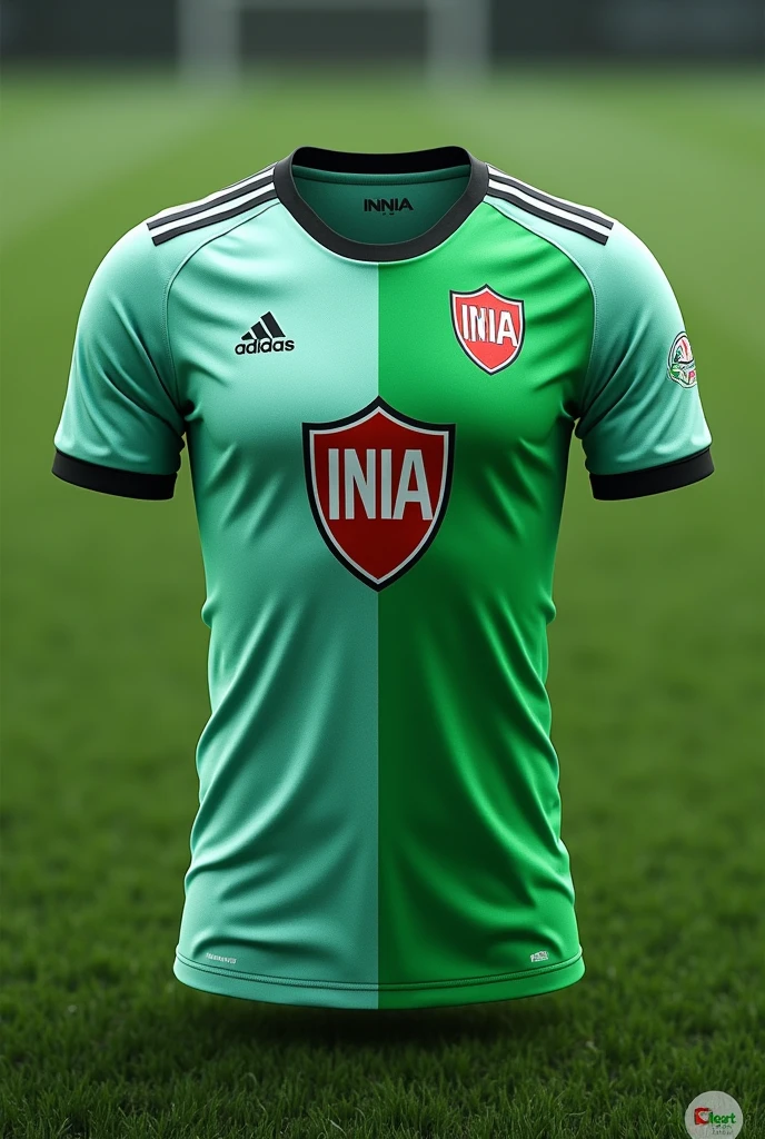Create a soccer jersey with light green and dark green colors with a shield that says INIA
