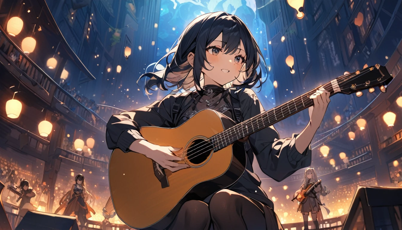 (Highest quality),Fantasy,A female adventurer on the left side of the screen、A female adventurer sits comfortably on a bar chair playing the guitar.、Playing alone、night,Celtic Music、There are a lot of people at the bar々、Moist atmosphere、Soft Light