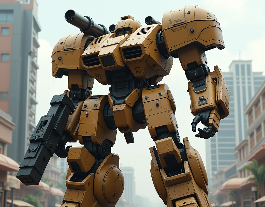 (photorealism:1.2), (Epic), (Front mission), cyberpunk futuristic mecha, military mecha, heavy armored, advanced tech style, light brown painting, armamento pesado, misille launcher showlder,