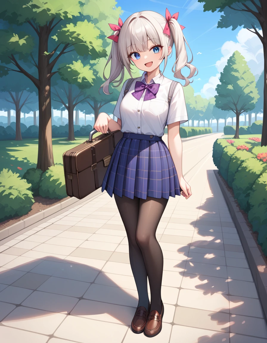 masterpiece, best quality, highly detailed, ultra high res, 1girl, smile, happy, brown hair, twintail, white hair ribbon, blue eyes, high school girl, wearing white collared shirt, short sleeves, purple bowtie, plaid skirt, purple plaid skirt, wearing black pantyhose, brown shoes, standing, fullbody, outdoor, park, holding briefcase, brown briefcase