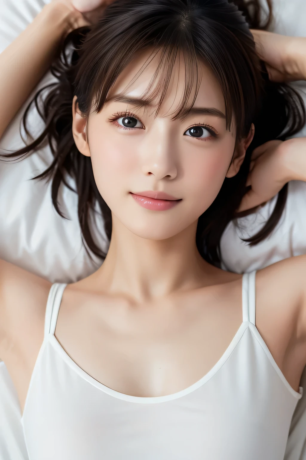 Beautiful girl lying on bed, ************, (Highest quality:1.4), (Very detailed), (Very detailed美しい顔), (Sleepy eyes:1.5), White T-shirt, Great face and eyes, iris, Medium Hair, The Beauty of Japan, (Skinny body type:1.3), (Flat Chest:1.3), (smile), Smooth, Very detailed CG synthesis 8k wallpaper, High-resolution RAW color photos, Professional photography, Light, BackLight, dream-like, impressive, Written boundary depth, Bedroom, (Face close-up:1.3), (Shot from above:1.5)