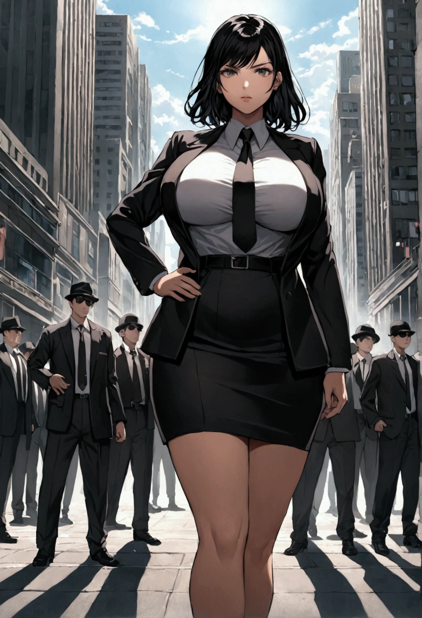 A busty black haired girl being a mob leader standing in the middle of the city 