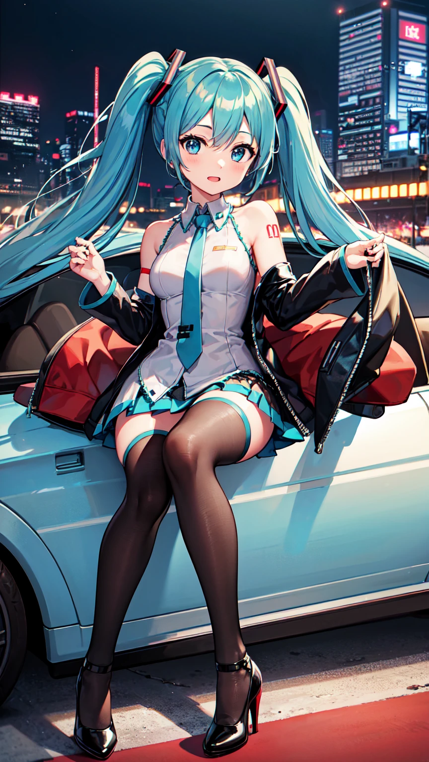 masterpiece、Highest quality、8k、Hatsune Miku VOCALOID、Twin tails、Light blue hair, light blue eyes、Race Queen Motor Show、