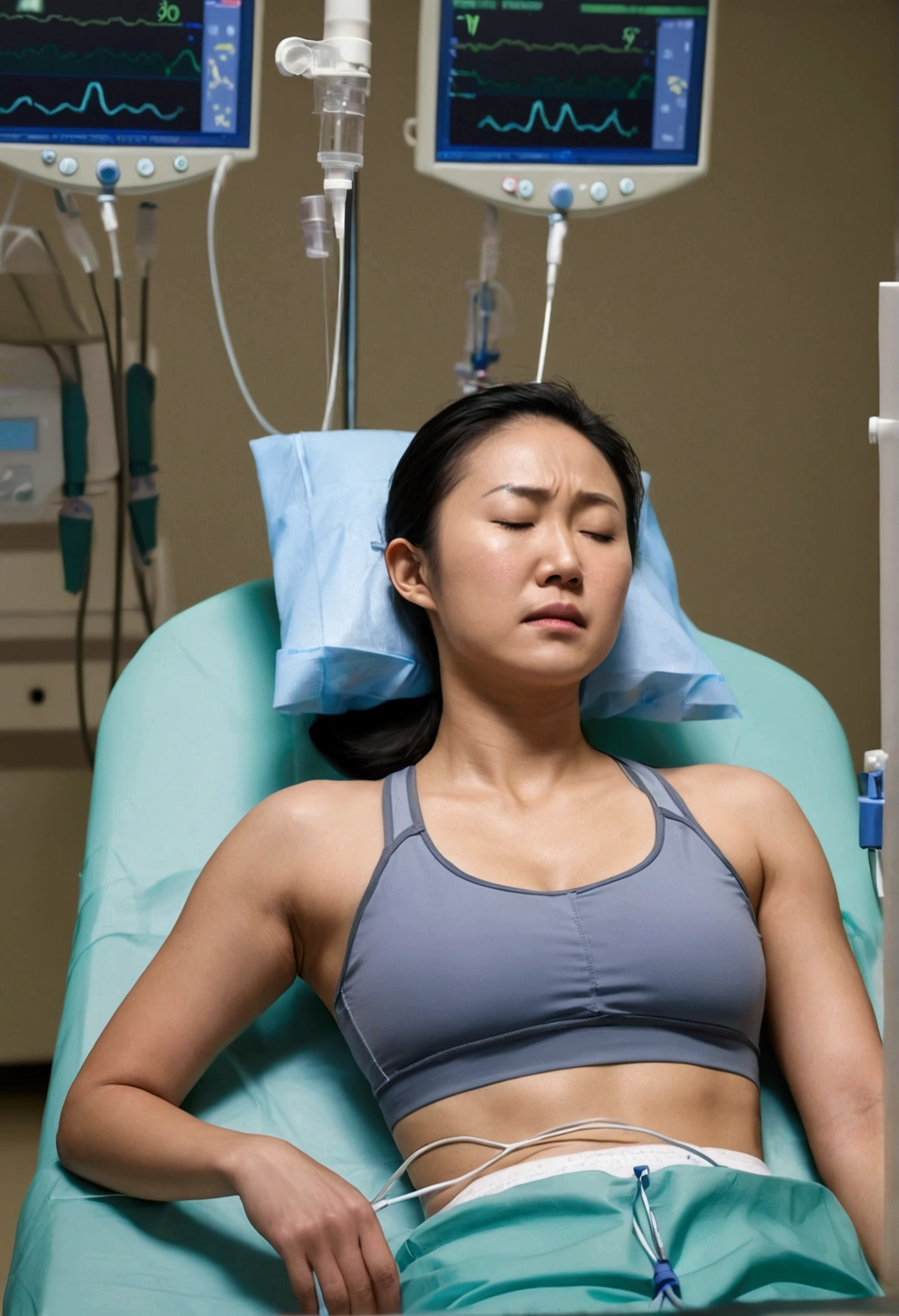 athletic attractive 25 year old asian woman wearing sports bra and long pants and nasal cannula lying flat on operating table in operating room, IV line attached to arm. muscular arms. look of despair on face. female nurse next to her, placing comforting hand on her shoulder