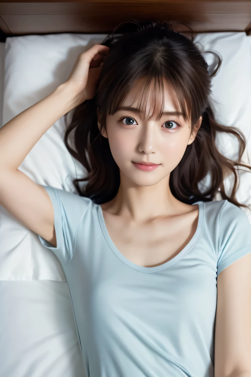 Beautiful girl lying on bed, , (Highest quality:1.4), (Very detailed), (Very detailed美しい顔), (Sleepy eyes:1.5), White T-shirt, Great face and eyes, iris, Medium Hair, The Beauty of Japan, (Skinny body type:1.3), (Flat Chest:1.3), (smile), Smooth, Very detailed CG synthesis 8k wallpaper, High-resolution RAW color photos, Professional photography, Light, BackLight, dream-like, impressive, Written boundary depth, Bedroom, (Face close-up:1.3), (Shot from above:1.5)