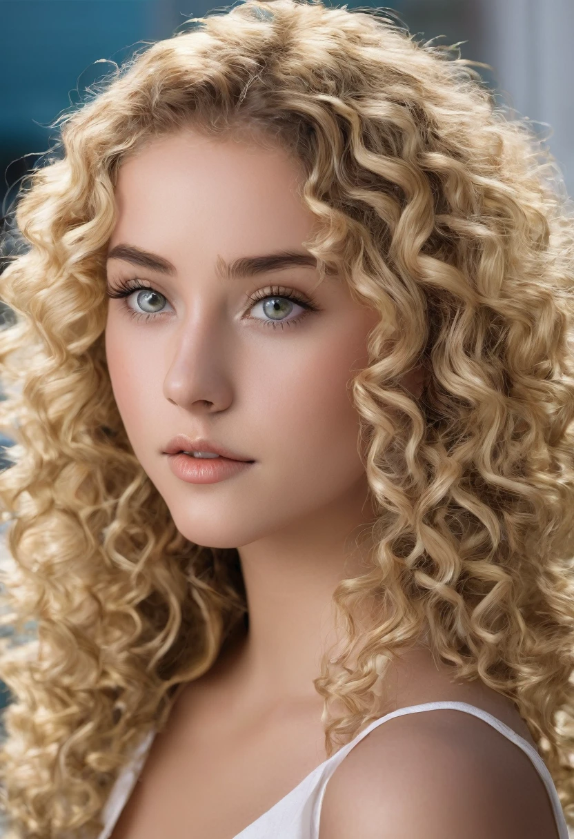 20 year old curly blonde, gold eyes, realistic