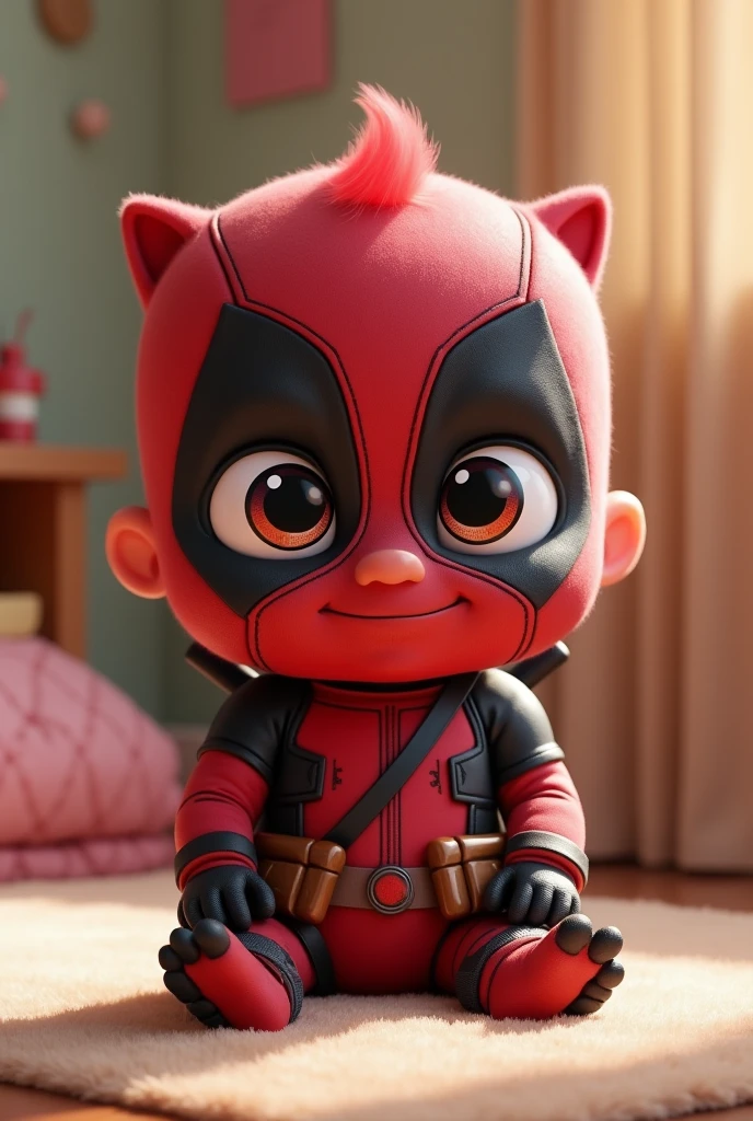 Create a cute baby Deadpool image with eyes like ???? in Boots from Shrek