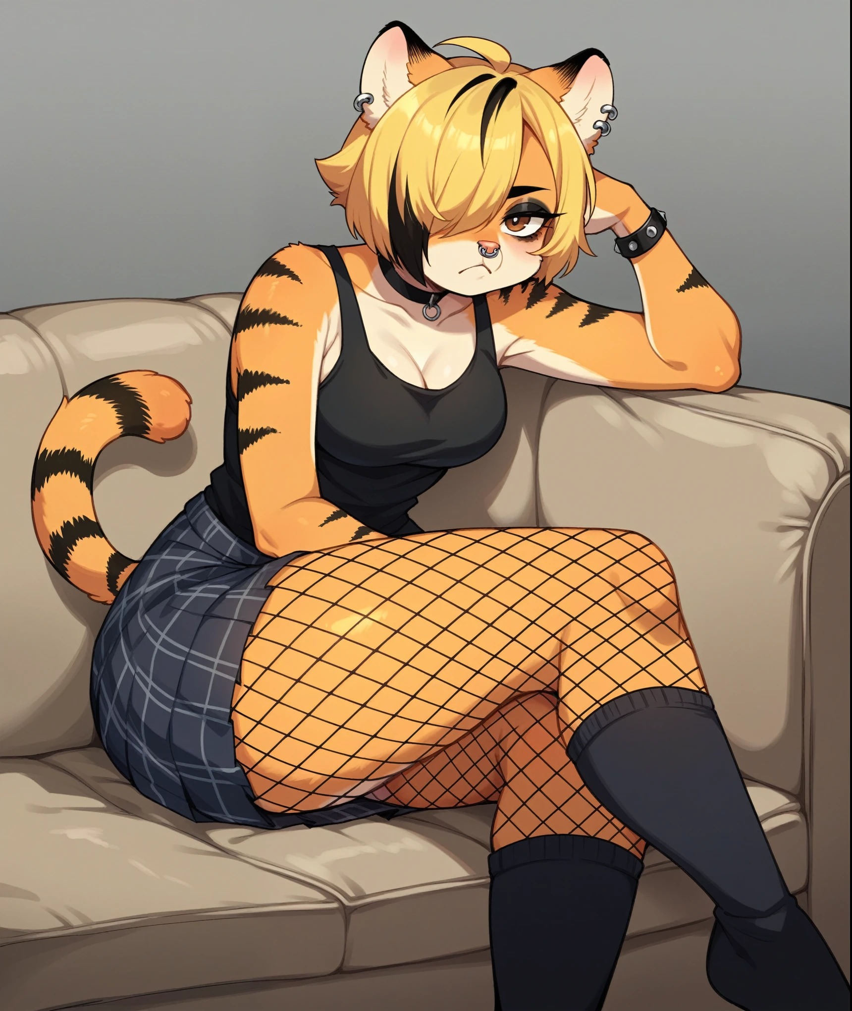 Solo, score_9,score_8_up,score_7_up, source_anime, kemono style, Garfield, feline, feminine, female, Anthro, orange fur, black stripes, brown eyes, white sclera, :3, pink nose, curvy, thick thighs, breasts, short blonde wavy hair, emo style hair, black highlights in hair, hair over one eye, black mascara, black eyeliner, nose piercing, ear piercing, wearing black goth tank top, black plaid skirt, fishnet leggings, black thigh high socks, black choker, lack bracelets, bored expression, seductive, sitting on a couch, legs crossed