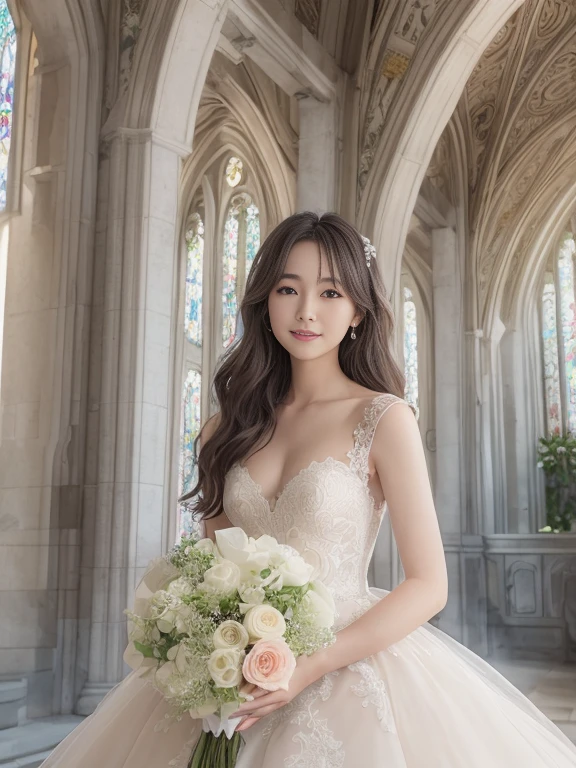 Photo-realistic quality、a woman in a Wedding dress holding a bouquet of flowers、Standing in front of the church、20 year old Japanese model、白のWedding dress,Hanae Mori style wedding dress、Japan idols at 20 years old、lace prom dresses、looking at the camera、Detailed and beautiful eyes、Cute smile、Relaxed and gentle expression、a close up of a woman in a Wedding dress holding a bouquet, Wedding dress, So magical and dreamy、35mm Lens aperture F2.Shot at 8、Full body photo、From head to toe