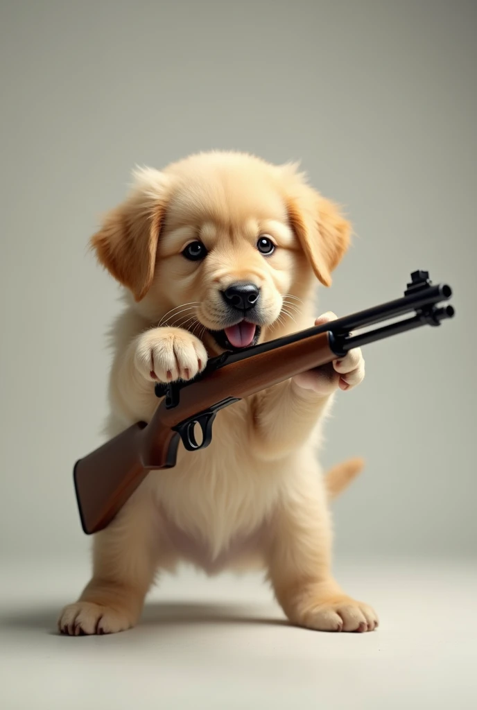 A puppy holding rifle