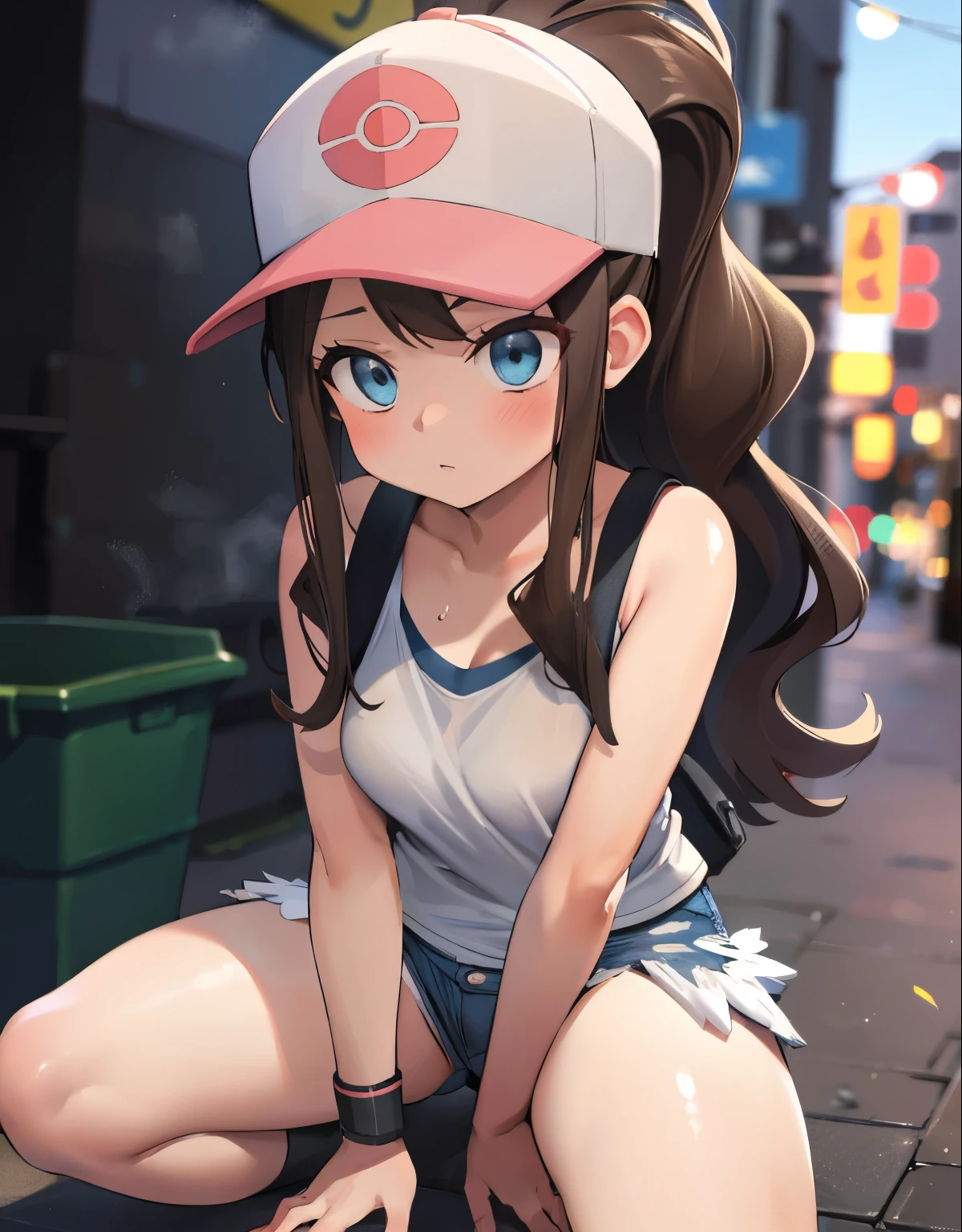 Hilda Pokemon,def1,dark alley,sitting on her legs,knees together,visible thighs,thick thighs,curvy body,tears running down her face,wiping her tears,looking at the camera,torn clothes, cum on face, open mouth, bukkake, high angle shot(best quality,4k,8k,highres,masterpiece:1.2),ultra-detailed,(realistic,photorealistic,photo-realistic:1.37),gritty,grungy,dimly lit,dramatic lighting,emotionally charged,detailed background,broken bricks and graffiti,abandoned building,despair,loneliness,shadows and highlights,hopelessness,bright color palette,stylish pose,hair blowing in the wind,determined expression,captivating eyes