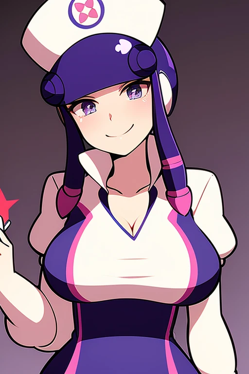 Nurses' outfit, Meddy.EXE, nurse cap, large bust, professional attitude, some cleavage, clip bored in hand, inside a hospital room, kind smile, purple hair, 