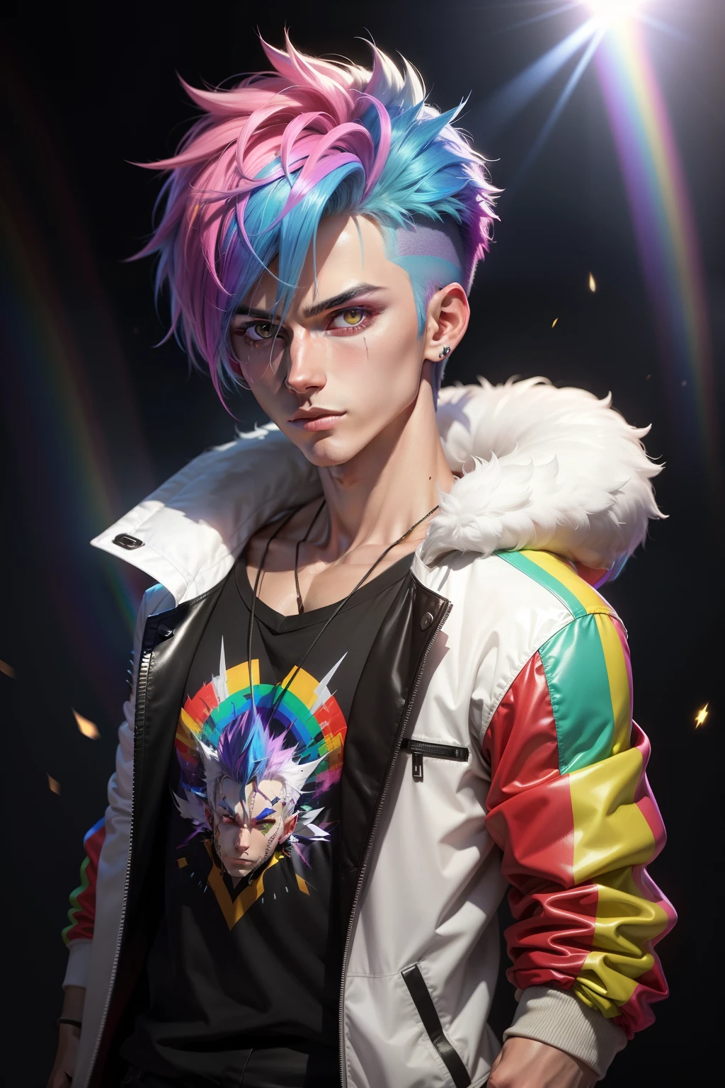 Male character with very short, slightly spiky rainbow hair, white flashes of light from the eyes. He has a rainbow jacket with colorful details.