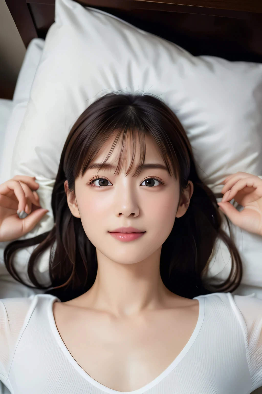 Beautiful girl lying on bed, , (Highest quality:1.4), (Very detailed), (Very detailed美しい顔), (Sleepy eyes:1.5), White T-shirt, Great face and eyes, iris, Medium Hair, The Beauty of Japan, (Skinny body type:1.3), (Flat Chest:1.3), (smile), Smooth, Very detailed CG synthesis 8k wallpaper, High-resolution RAW color photos, Professional photography, Light, BackLight, dream-like, impressive, Written boundary depth, Bedroom, (Face close-up:1.3), (Shot from above:1.5)