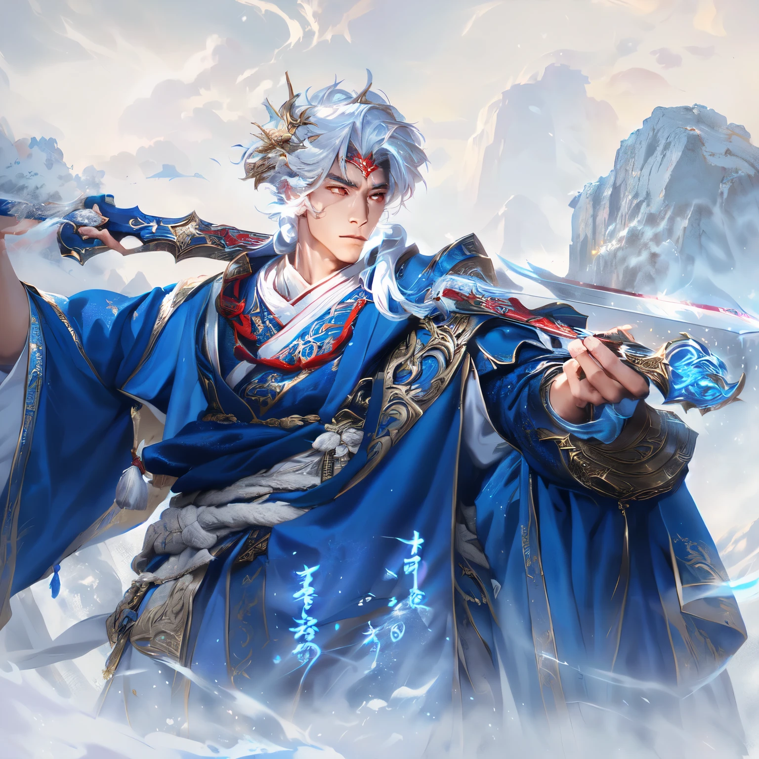 Moonlit Warrior: A powerful Asian male stands steadfast on the misty peak, bathed in soft lunar light. Traditional blue robe with intricate embroidery cinched by crimson sash, worn with silver armor pieces etched with dragon designs. Sword held firmly in right hand, his confident stance and determined expression embody ancient warrior spirit. Framing: Close-up shot of majestic figure against wispy clouds and mountain ranges at sunset, misty veil surrounding the peak. Lighting: Soft moonlight casting gentle shadows on subject's features. Composition: Warrior centered, with misty peaks and wispy clouds forming a harmonious balance around him.