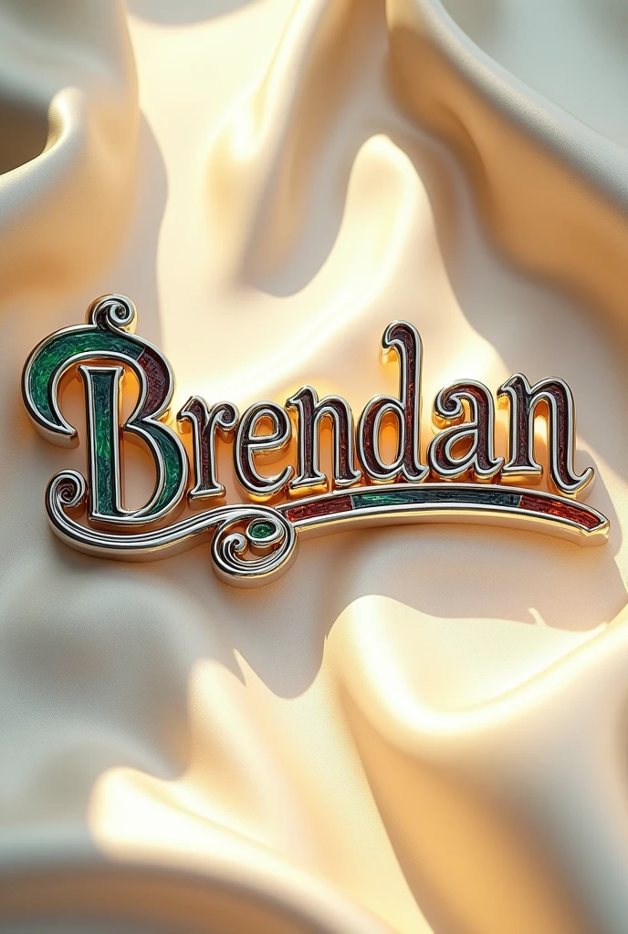 (text:"Brendan") The word, in Art Nouveau fancy script text, shiny highly polished silver chrome with coloured glass insets, art nouveau, flowing shapes and flourishes, well lit front face view on flat cream silk background, directly lit text by very bright sun, tropical reflection on text, highlights, lens flare, logo, badge, emblem, insignia, label, photorealistic, extremely detailed, beautiful, unique, epic, cinematic, sparkling,