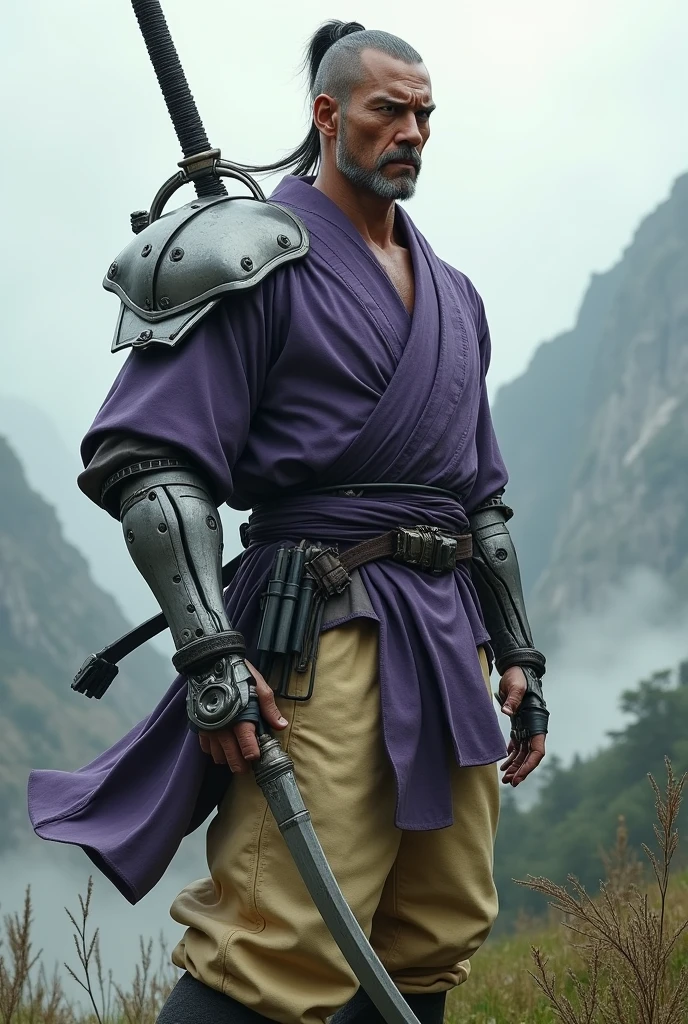 Samurai moreno, cyborg arm with a scythe, untied purple haori and light yellow pants