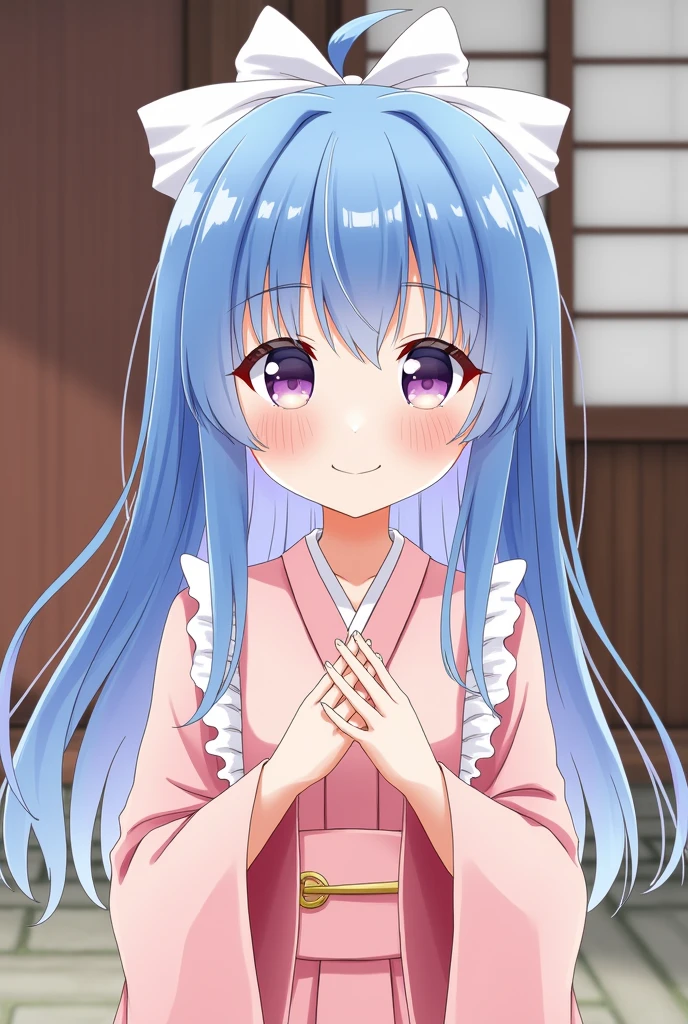 Highest quality。Blue Hair、White headdress、cute、A girl in a pink dress。The background is traditional Kyoto