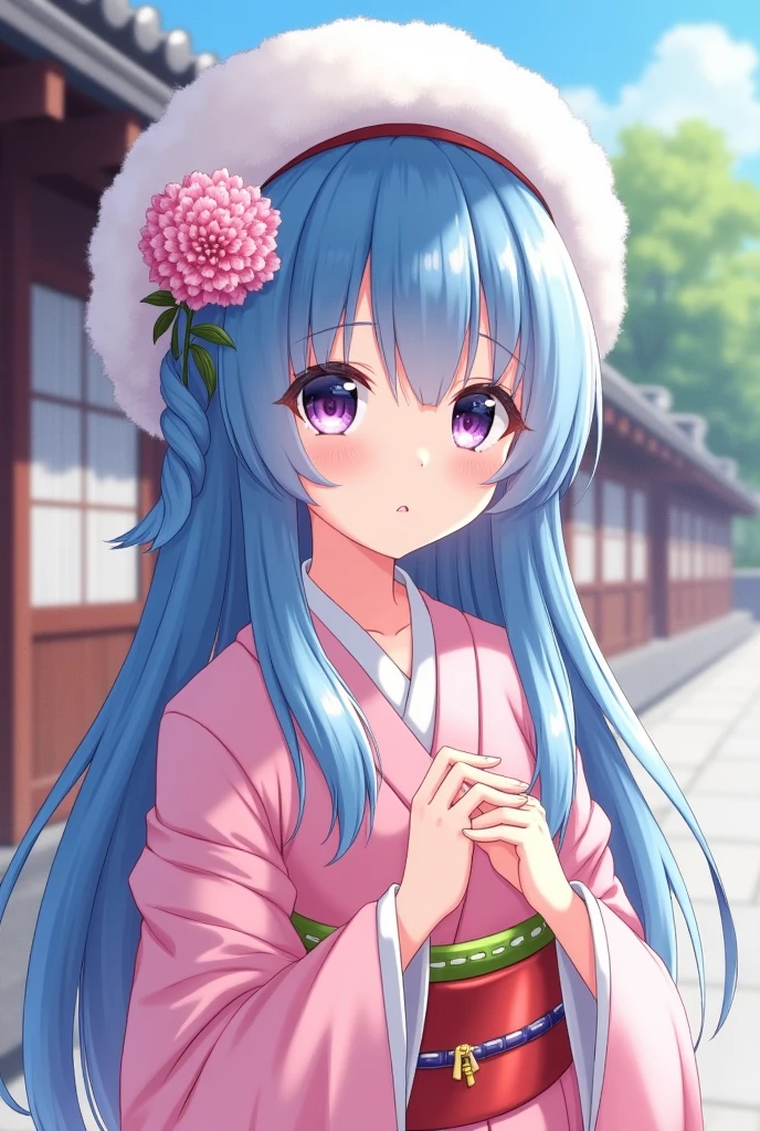 Highest quality。Blue Hair、White headdress、cute、A girl in a pink dress。The background is traditional Kyoto