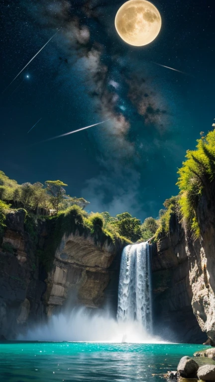 Fantasy、Different world、starry skies、Three moons、Two Saturns、shooting star、milky way、colorful clouds、Different world、The ocean spreads out、Big waterfall、A waterfall flows from a floating island in the sky。、Vast views、Wide-angle lens、Composition looking down from a high hill. Realistic blurry background. 4K Full HD 60 FPS、Realistic Lighting